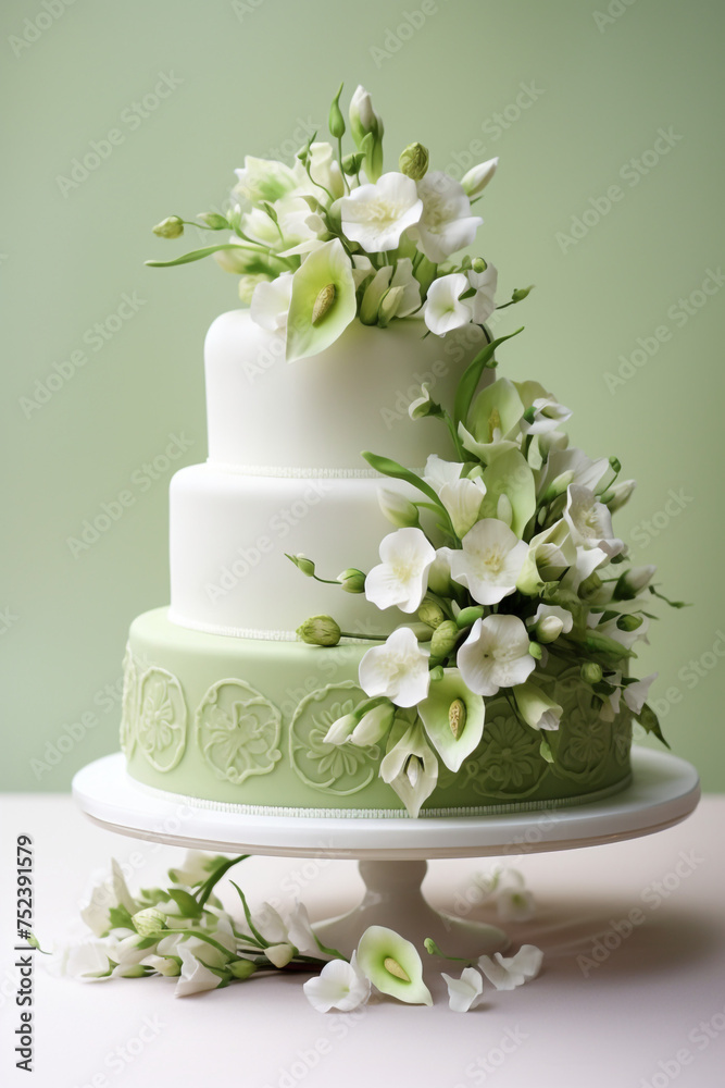 Elegant wedding cake adorned with lime green fondant and floral details сreated with Generative Ai Elegant wedding cake adorned with lime green fondant and floral details сreated with Generative Ai