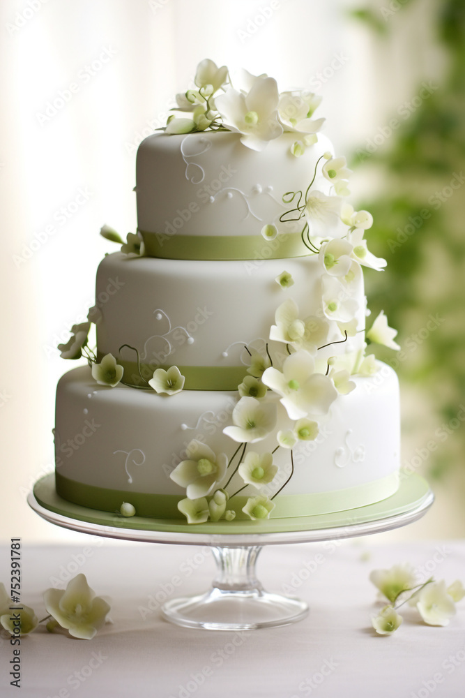 Elegant wedding cake adorned with lime green fondant and floral details сreated with Generative Ai Elegant wedding cake adorned with lime green fondant and floral details сreated with Generative Ai