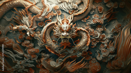3D illustration of chinese dragon wall.