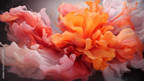 Coral pink and fiery orange liquids clash  producing a mesmerizing burst of energy that paints the air with vibrant abstract patterns. HD camera captures the intense collision with precision