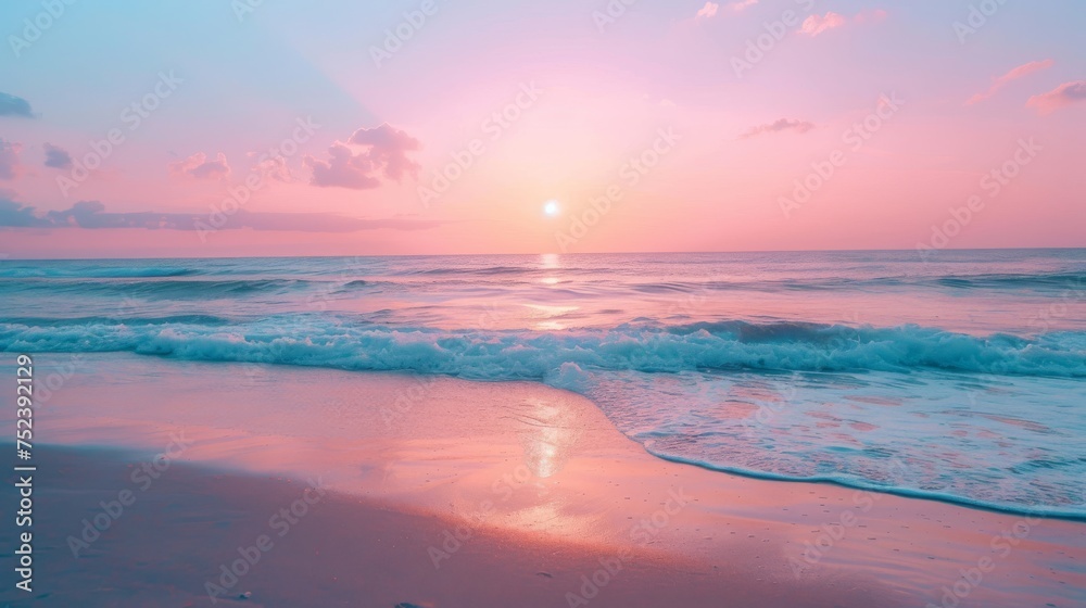 Sunset pink and ocean blue, relaxing beach sunset, serene seashore ambiance, calm coastal breeze, gentle waves lapping, tranquil seaside moment, peaceful ocean view, warm sand