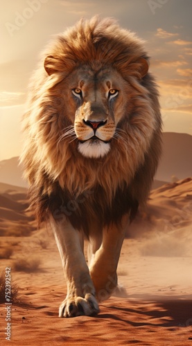 a lion walking in the desert