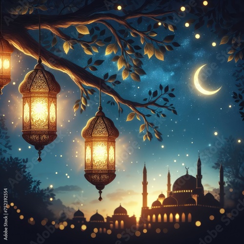 serene and mystical night scene with three ornate lanterns hanging from the branches of a tree, illuminating with a warm, golden glow