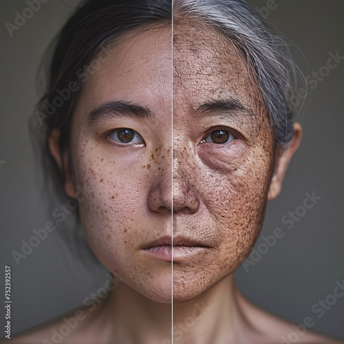 The woman on the left has a clear complexion, while the woman on the right has a more aged appearance. Generative AI