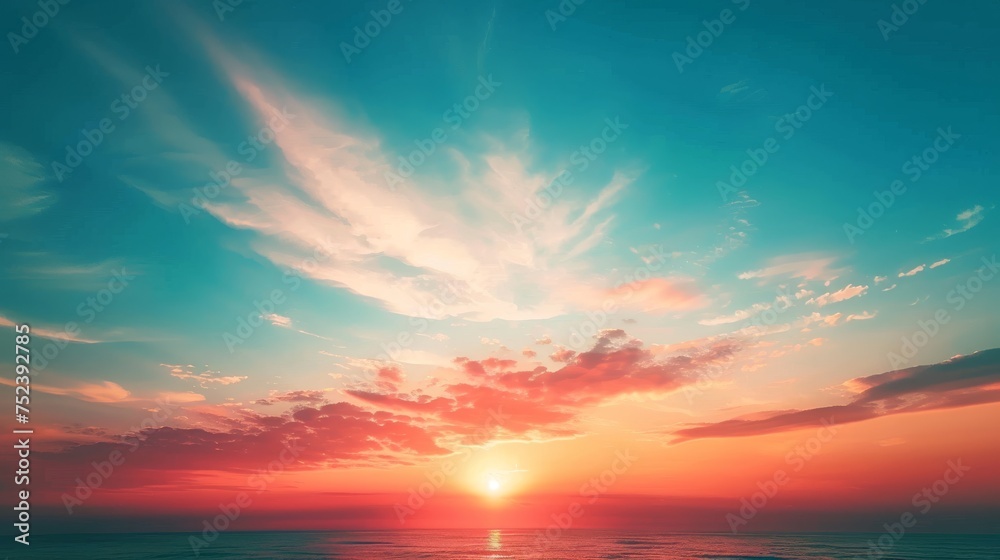 Warm sunset colors, peaceful gradient sky, serene evening ambiance, golden hour glow, minimalist horizon line, smooth transition, tranquil backdrop, subtle noise, soft texture, color flow - obrazy, fototapety, plakaty 