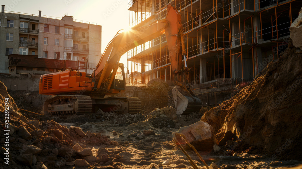 Excavator operates amid golden sunset rays on a construction site. Excavator operates amid golden sunset rays on a construction site.