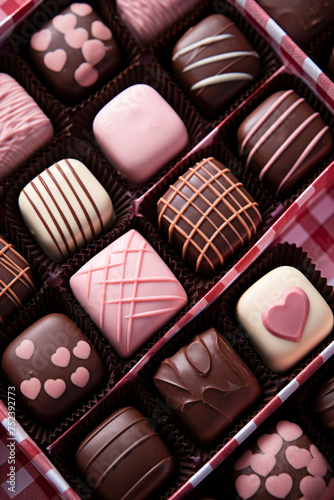 Gingham-printed box of artisan chocolates with a feminine touch. feminine palette сreated with Generative Ai