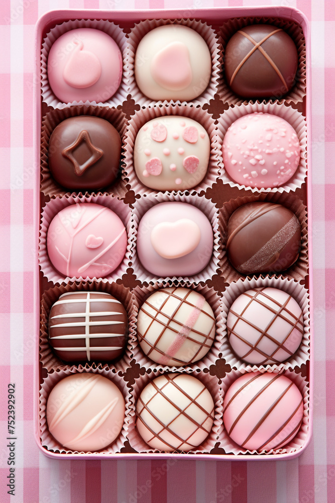 Gingham-printed box of artisan chocolates with a feminine touch. feminine palette сreated with Generative Ai Gingham-printed box of artisan chocolates with a feminine touch. feminine palette сreated with Generative Ai
