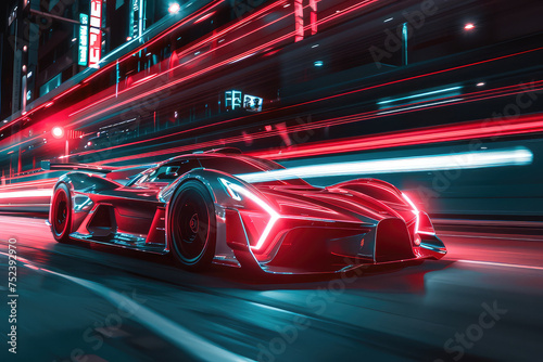 3d illustration of Futuristic Sports Car On Neon Highway. Powerful acceleration of a supercar on a night track with colorful lights and trails.