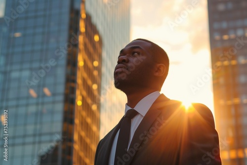 Ein erfolgreicher Geschäftsmann blickt auf die hohen Gebäude im Finanzdistrikt einer großen Stadt 