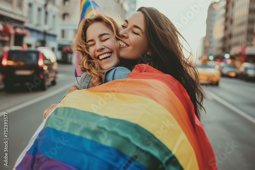 Zwei verliebte und glückliche Frauen mit einer Regenbogenfahne 