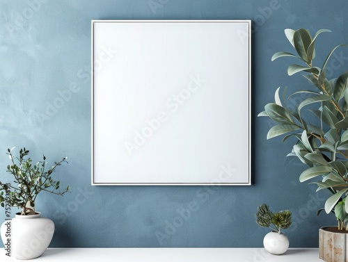 square photo frame on the grey-blue wall mockup, white canvas