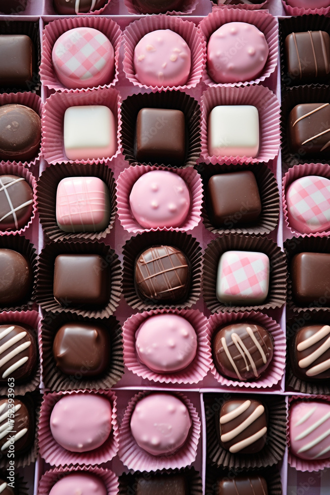 Gingham-printed box of artisan chocolates with a feminine touch. feminine palette сreated with Generative Ai Gingham-printed box of artisan chocolates with a feminine touch. feminine palette сreated with Generative Ai