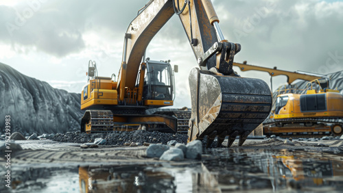 Excavator scoops amidst reflective puddles in a gritty coal mine.
