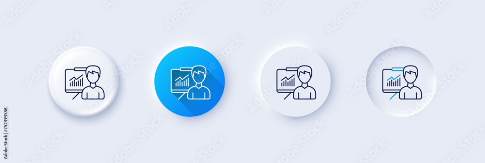 Presentation line icon. Neumorphic, Blue gradient, 3d pin buttons. Education board sign. Lecture with Charts symbol. Line icons. Neumorphic buttons with outline signs. Vector