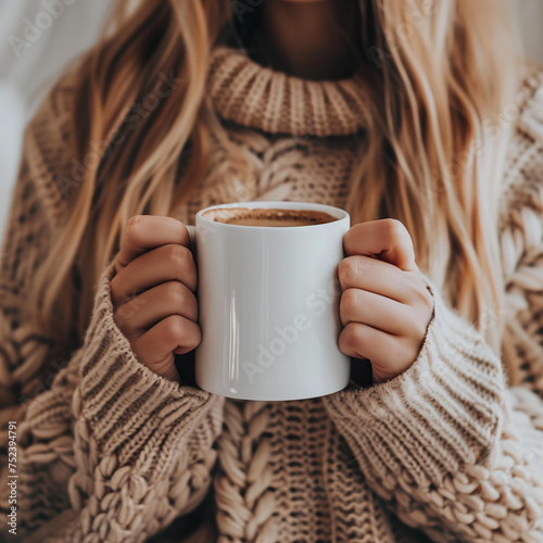 design mockup with a woman in a cosy wool sweater holding a blank white mug, for your printing business