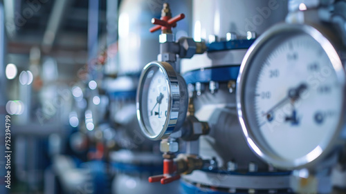 Intricate gauges and red valve on a sophisticated industrial pipeline.