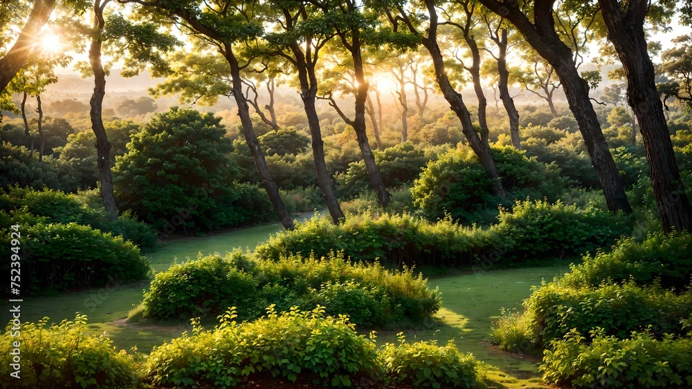 Fototapeta premium Forest with sunlight shining through the trees