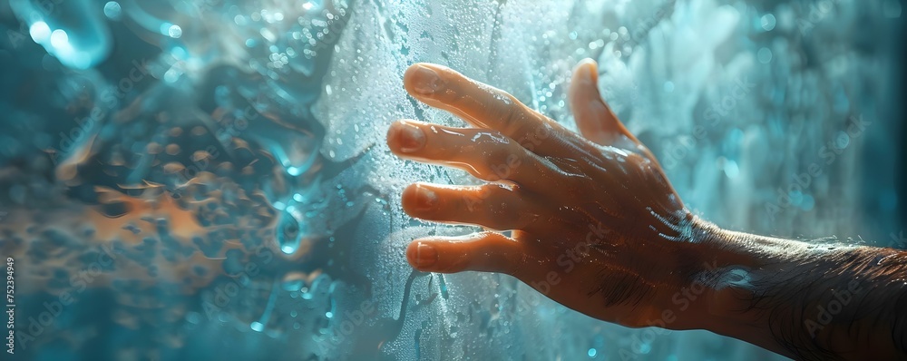 Fototapeta premium Extreme closeup of hand using cloth on glass surface realistic detail. Concept Macro Photography, Glass Cleaning, Hand Detail, Realism, Texture Focus