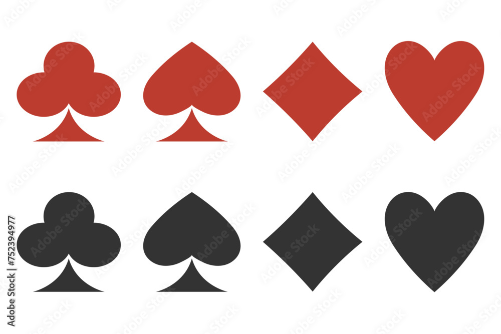 Set of playing card symbols: diamonds, hearts, clubs, spades in retro style.