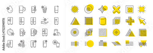 Refrigerator, freezer storage, smart fridge machine. Design shape elements. Fridge line icons. Water with ice, cooler box, thermometer icons. Vector