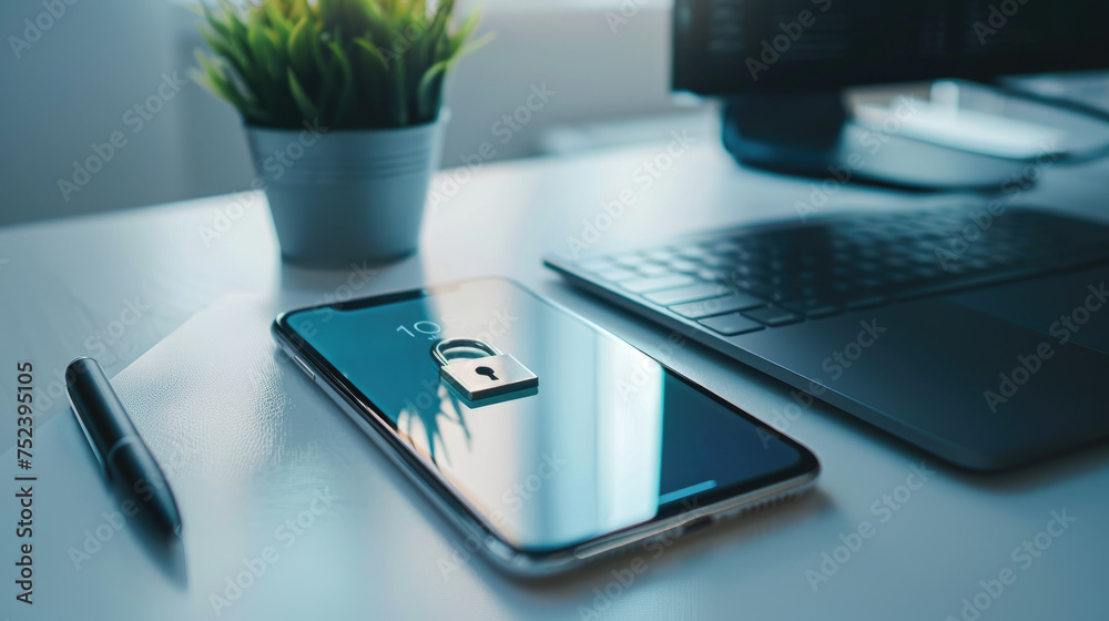 The concept of protecting your mobile phone from viruses and hackers. Lock on the smartphone. The concept of protecting your mobile phone from viruses and hackers. Lock on the smartphone.