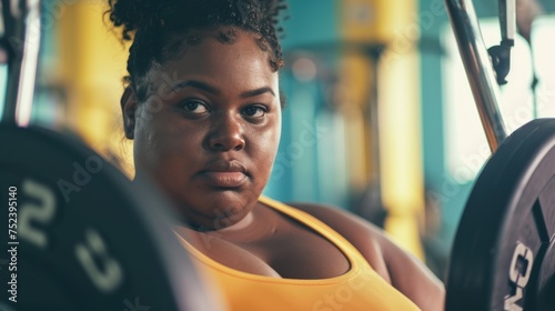 An overweight woman in the gym preparing to play sports, the concept of an active life in any age, taking care of the body and building a relationship with weight