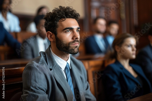 Intense moment as the male public defender makes eye contact with the jury, conveying sincerity and conviction in his defense photo