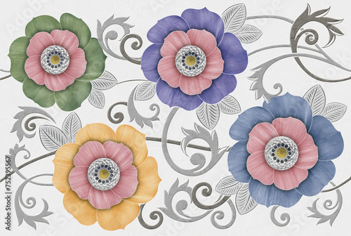 floral background with blue  pink and yellow poppies on white