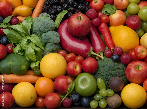 Full frame photograph of a broad variety of fruits and vegetables  colorful and plentiful 