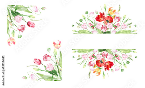 Watercolor pink, yellow and red tulip bouquets, flowers and leaves. Spring tulip flower, Botanical spring blossom., hand painted elements for design wedding card, wall art, invitations. 