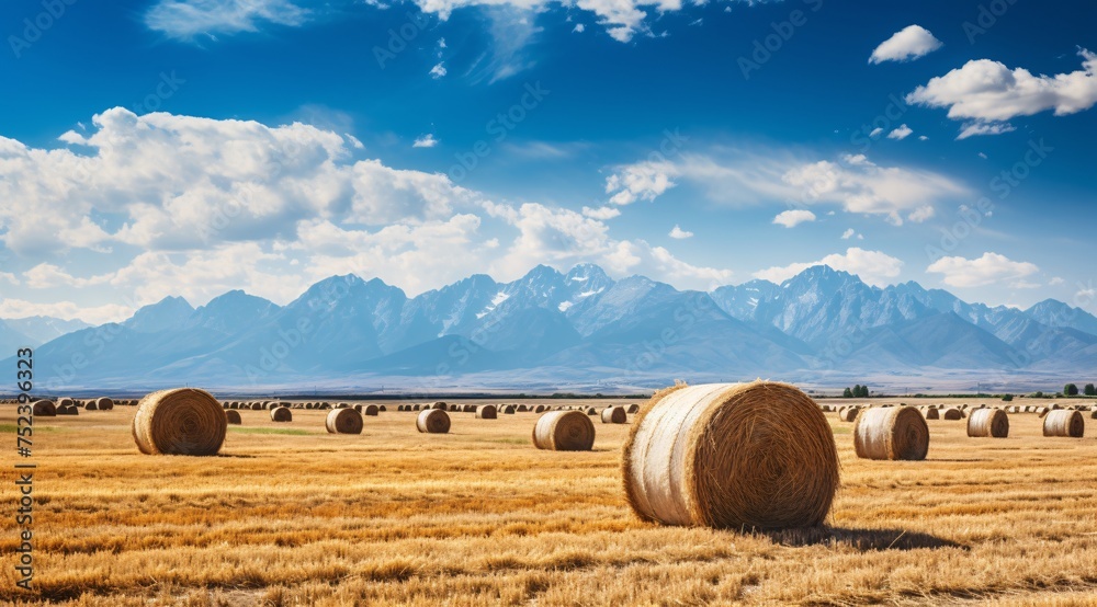 a field of hay with mountains in the background