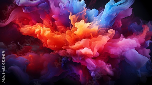 Crimson red and royal purple liquids collide, generating a vibrant burst of energy that paints the air with abstract patterns of astonishing beauty. HD camera captures the intense 