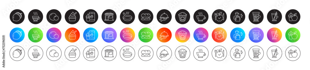 Juice, Restaurant food and Vegetarian food line icons. Round icon gradient buttons. Pack of Tea mug, Burger, Market icon. Popcorn, Frappe, Coffee pictogram. Cafe creme, Frying pan, Acorn. Vector Juice, Restaurant food and Vegetarian food line icons. Round icon gradient buttons. Pack of Tea mug, Burger, Market icon. Popcorn, Frappe, Coffee pictogram. Cafe creme, Frying pan, Acorn. Vector