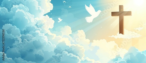 Weiße Tauben fliegen zu einem Kreuz im Himmel 
