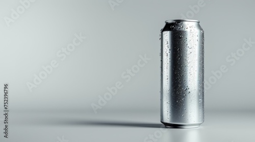 Full body photograph of a plain aluminum soda can isolated on a white background.