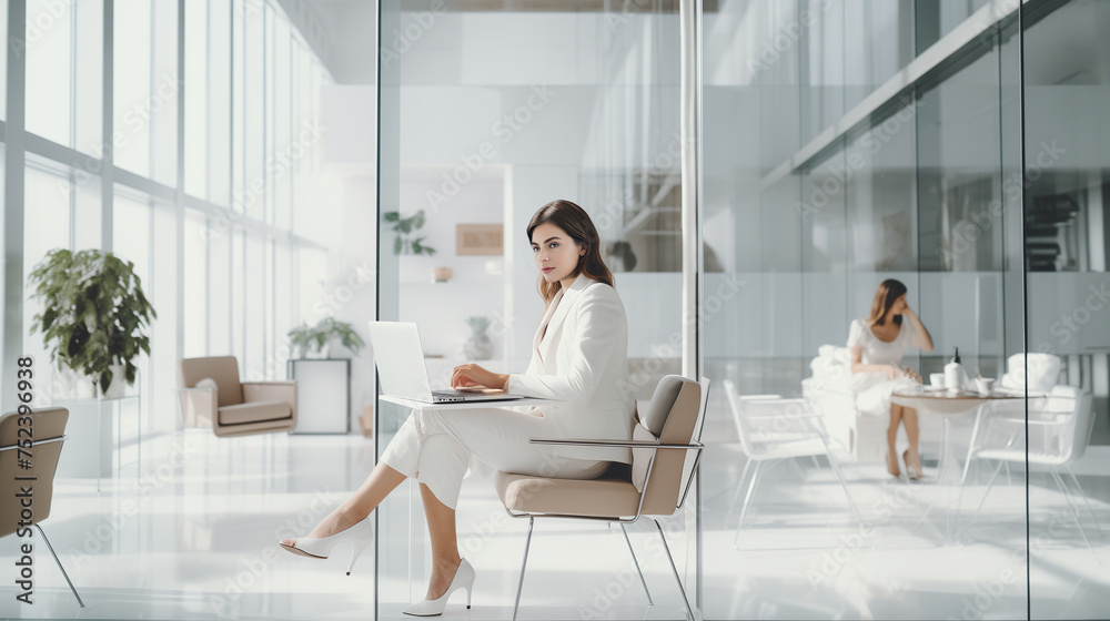 Business woman sitting and working in white office airy. Business woman sitting and working in white office airy.