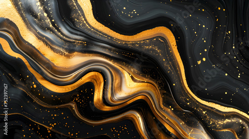 The black wavy background contrasts with a shimmering gold color decorated with minimal glitter.