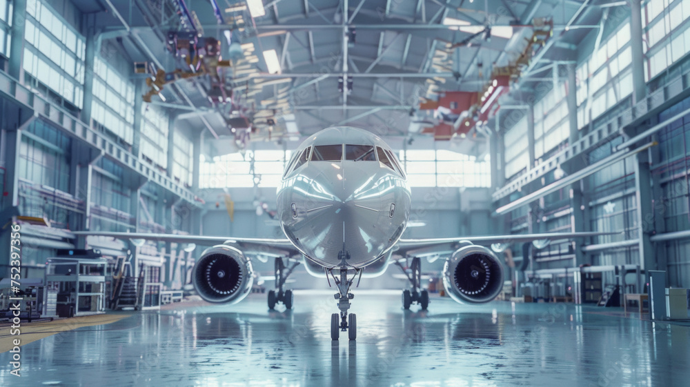 Majestic airliner in hangar, gearing up for the next journey. Majestic airliner in hangar, gearing up for the next journey.