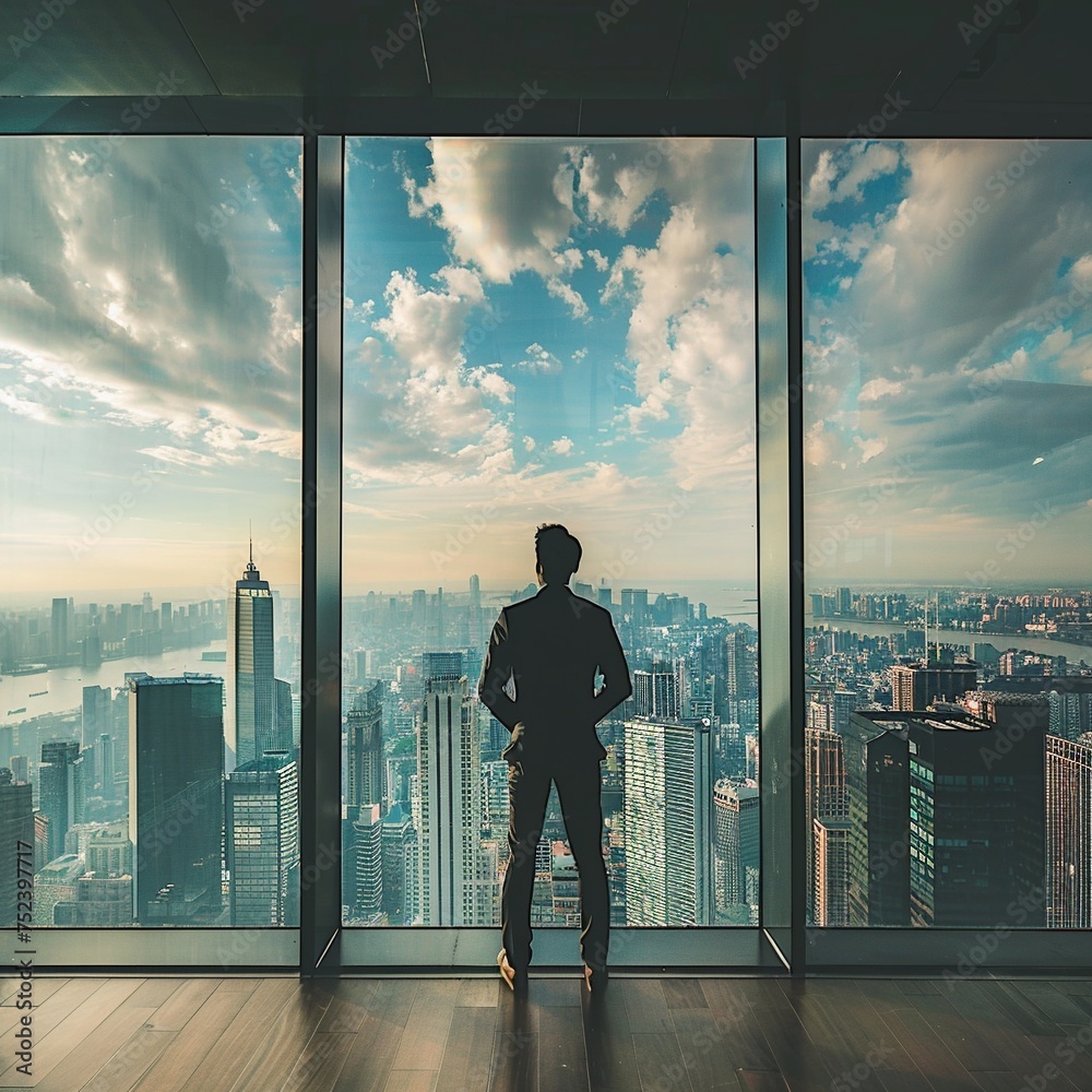 Fototapeta premium AI Generated businessman standing in office in front of a floor-to-ceiling glass window.
