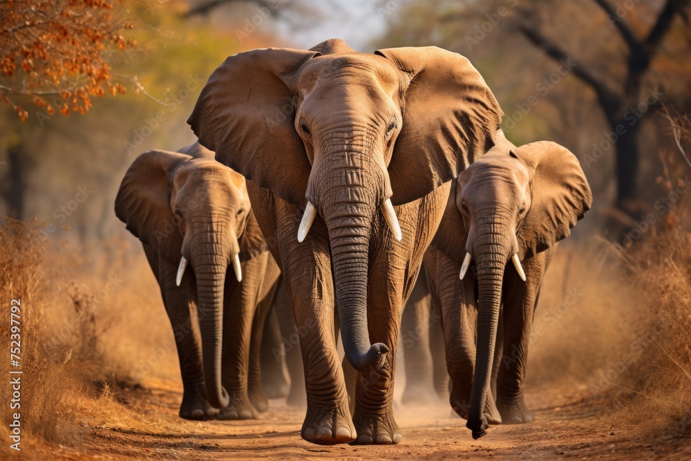 A stunning herd of elephants grazing in the vast african savannah, wildlife safari adventure - obrazy, fototapety, plakaty 