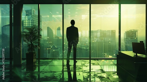 AI Generated businessman standing in office in front of a floor-to-ceiling glass window.