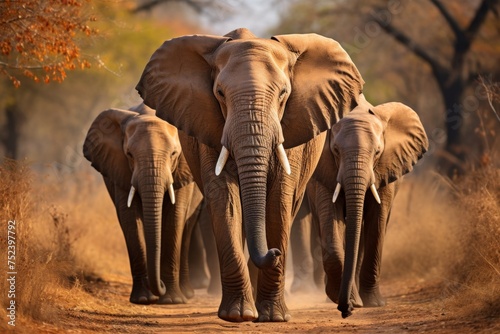 A stunning herd of elephants grazing in the vast african savannah, wildlife safari adventure