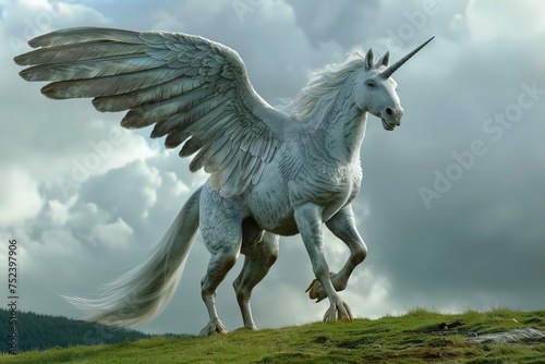 Horse in the field and on the hill, a white horse stands amidst nature's beauty Illustration combines elements of art, animal, and mythology, featuring wings, silhouette, and flying creatures