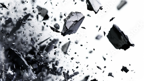 Shattered glass flying in mid-air, capturing chaos frozen in time.