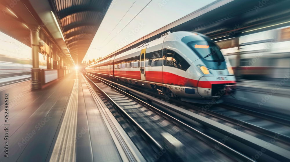 High-speed train blurring through a station at sunset. High-speed train blurring through a station at sunset.