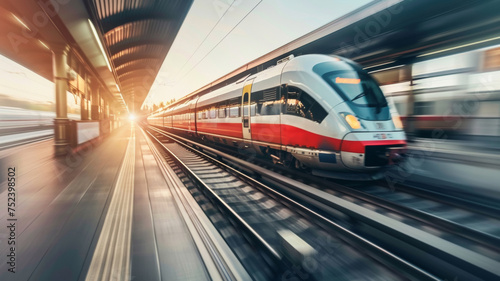High-speed train blurring through a station at sunset.