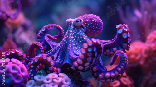 Octopus on the seabed in purple colors