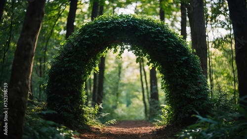 Natural archway formed by green branches in a panoramic forest scene