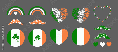 Irish decorative elements on St. Patrick Day - Irish Flag, mustache, rainbow. Traditional leaves - Clover and Shamrock. Irish leves heart for Saint Patrick's Day. Ireland flag and heart shape frame.